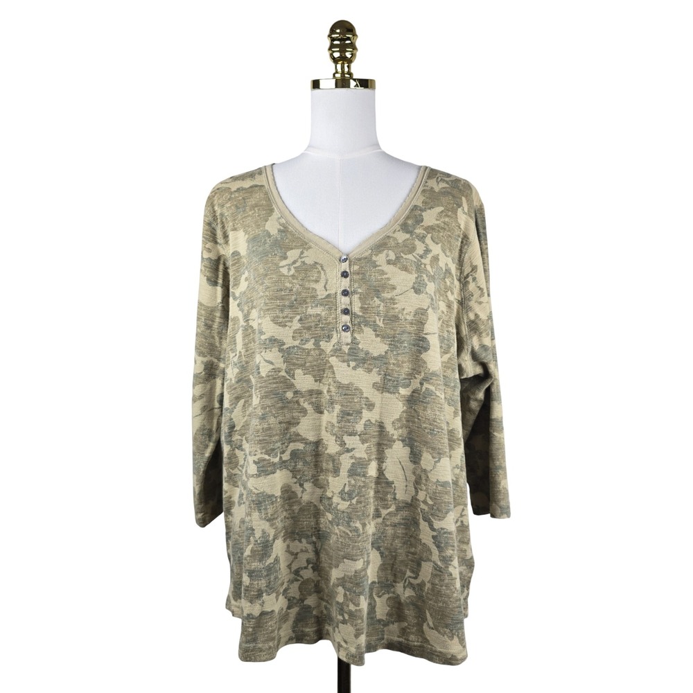 Chaps Henley Top Women 1X Green Floral Camo Cotton 3/4 Sleeve Earthy Plus Size